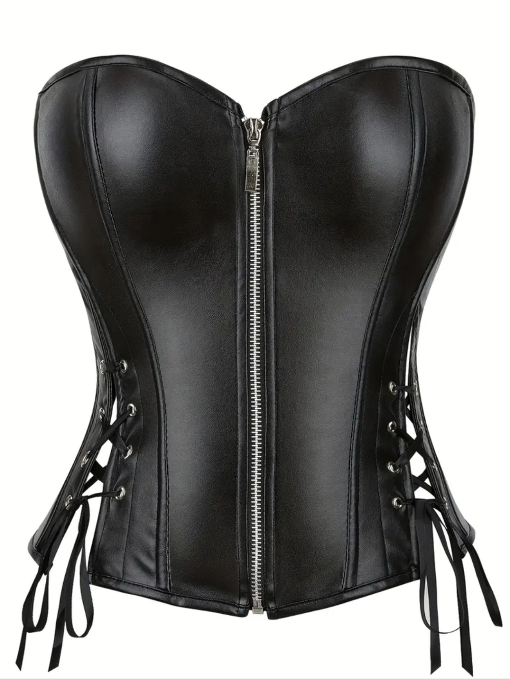 Strapless Black Faux Leather Zip-Front Gothic Punk Boned Corset TOP